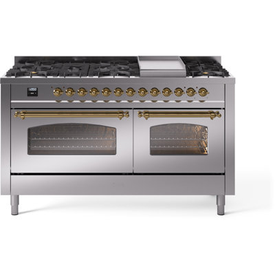 Cuisinière à double combustible ILVE Nostalgie II Series 60 po avec 9 brûleurs scellés et plaque de cuisson (gaz naturel, porte vitrée)