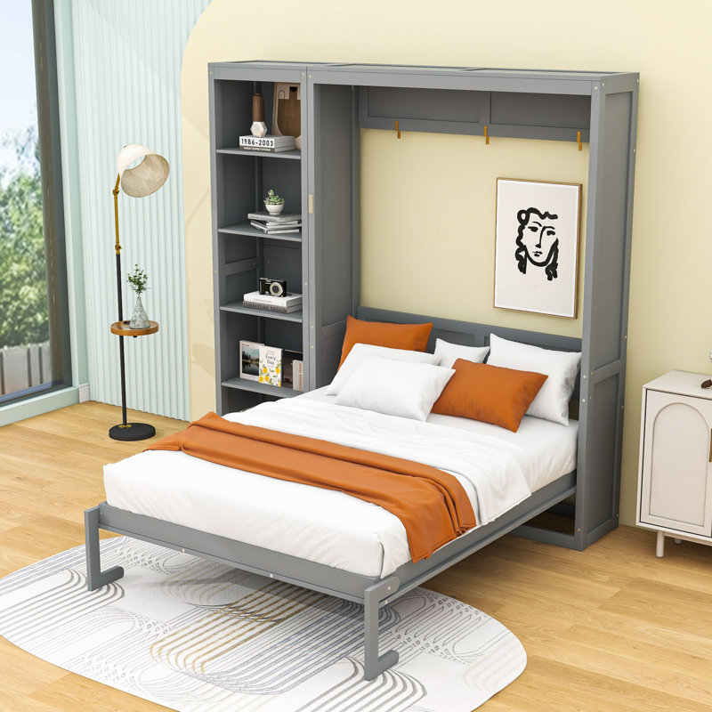 Geva Wood Murphy Bed with Shelves and Slats, Queen, Gray