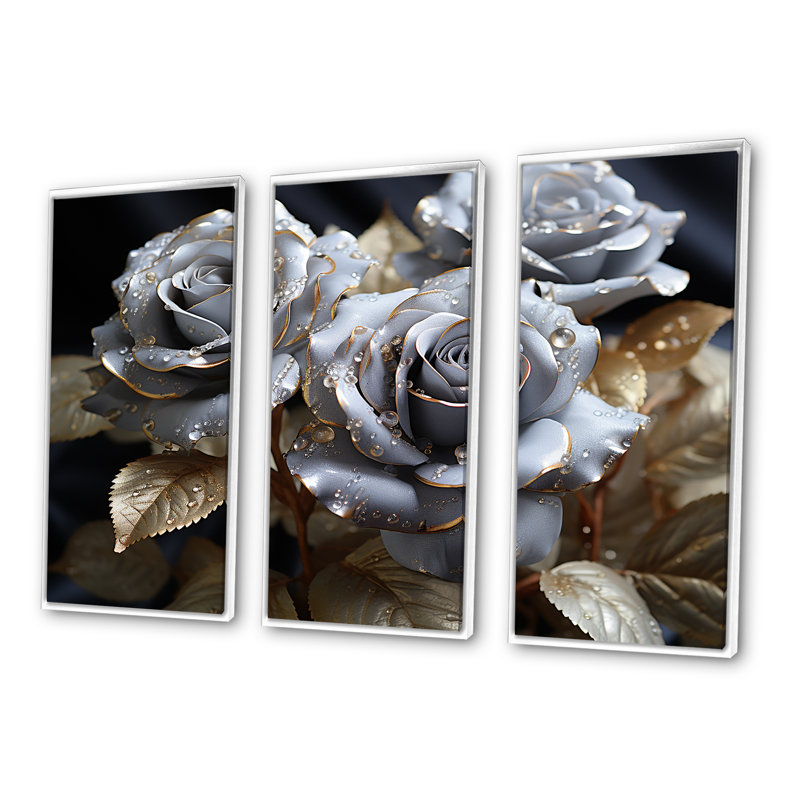 Gris et or rose passion - ensemble de décorations murales roses, H 28 po x l 36 po x P 1 po, Cadre flottant blanc