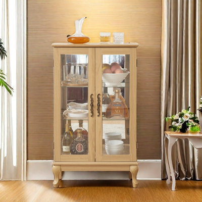 2 Doors Curio Cabinet With Tempered Glass Doors, Curio Cabinets With Mirrored Back Panel And Adjustable Shelves, Lighted Display Cabinet For Home, Off by Canora Grey