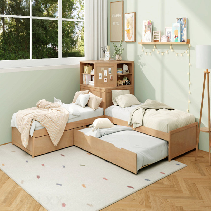 L-Shaped Combination Twin Bed Frame With Trundle And Drawer,3-In-1 Low Corner Platform Bed Linked With Built-In Desk And Led Downlight, White