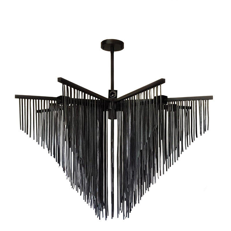 Large Leather Fringe Chandelier, Black