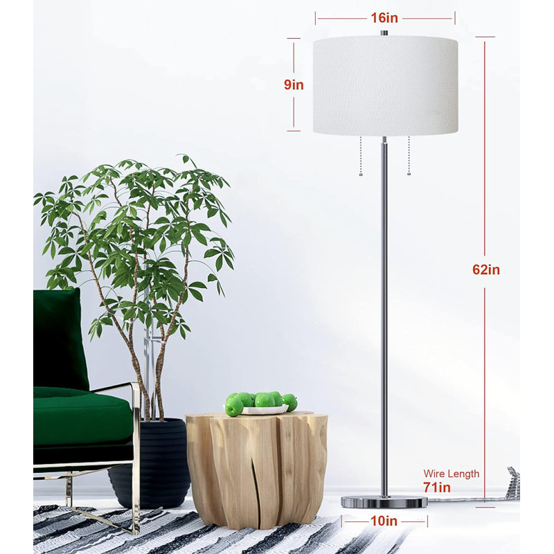 Modern Floor Lamp, Tall Standing Lamp With 2 Bulb Socket For Office Bedroom Living Room Bright Lighting, Brushed Nickel Body, White Lampshade
