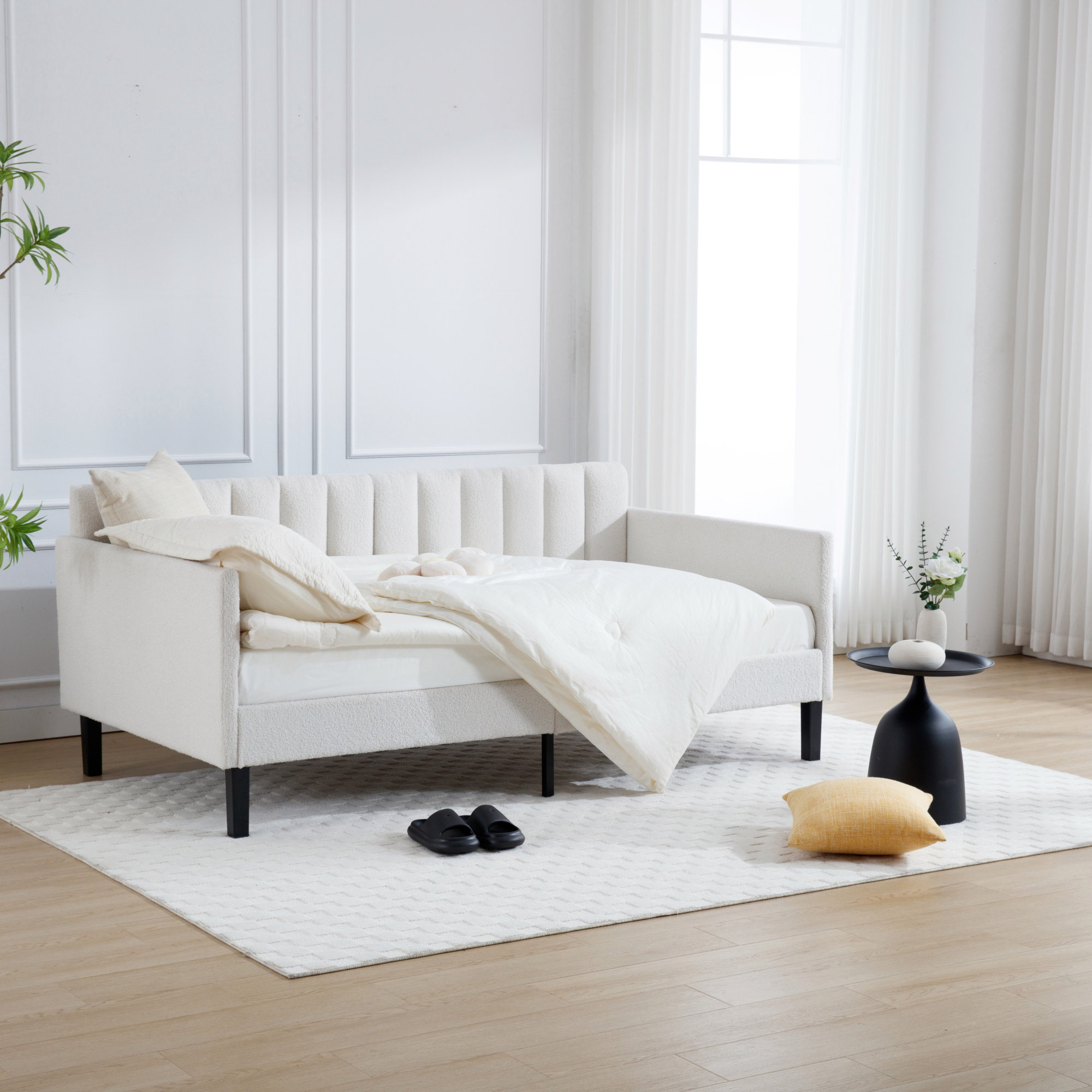 YOPTO Twin Size Boucle Upholstered Daybed - Tufted Backrest, Cream Ivory, Modern Design, Supports 400 Lbs (Mattress Sold Sep.) - View #10