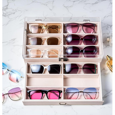 12 Slots Acrylic Clear Top Sunglass Organizer, 2 Layers Eyeglasses Case Multi Pairs Storage Eyewear Display Holder With Transparent Lid And Drawer ,Champagne