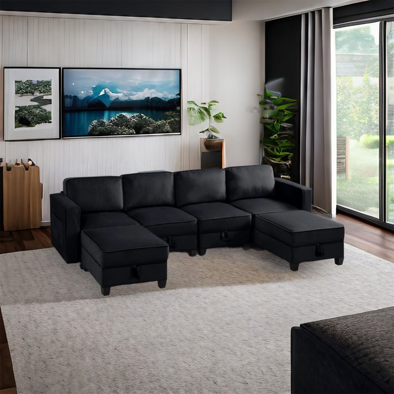Canapé modulaire 6 pièces Pavithra, Velours noir
