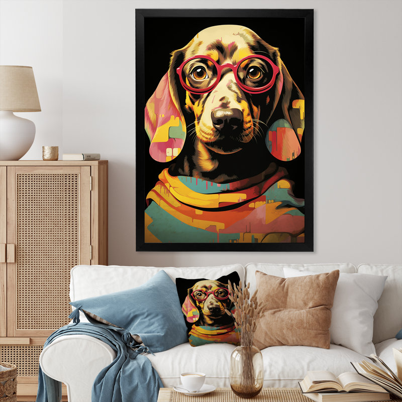 «Curious Popart Daschund Dog II», art mural chien, Cadre simple noir, H 20 po x l 12 po x P 1 po