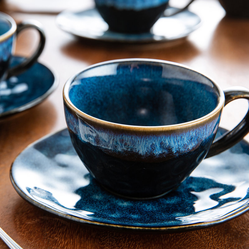 Stoneware Cappuccino Cup and Saucer, Starry Blue