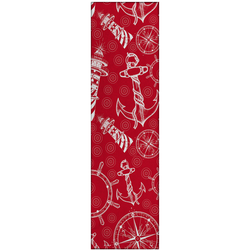 Tapis intérieur / extérieur en polyester tissé à la machine rouge rubis Lahoma, Tapis de couloir 2 pi 3 po x 7 pi 6 po