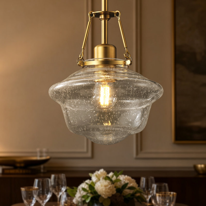 Luminaire suspendu 1 lumière en verre avec finition en cuivre, chaîne réglable pour salle à manger, salon et vestibule, ampoule DEL E26 2700K incluse