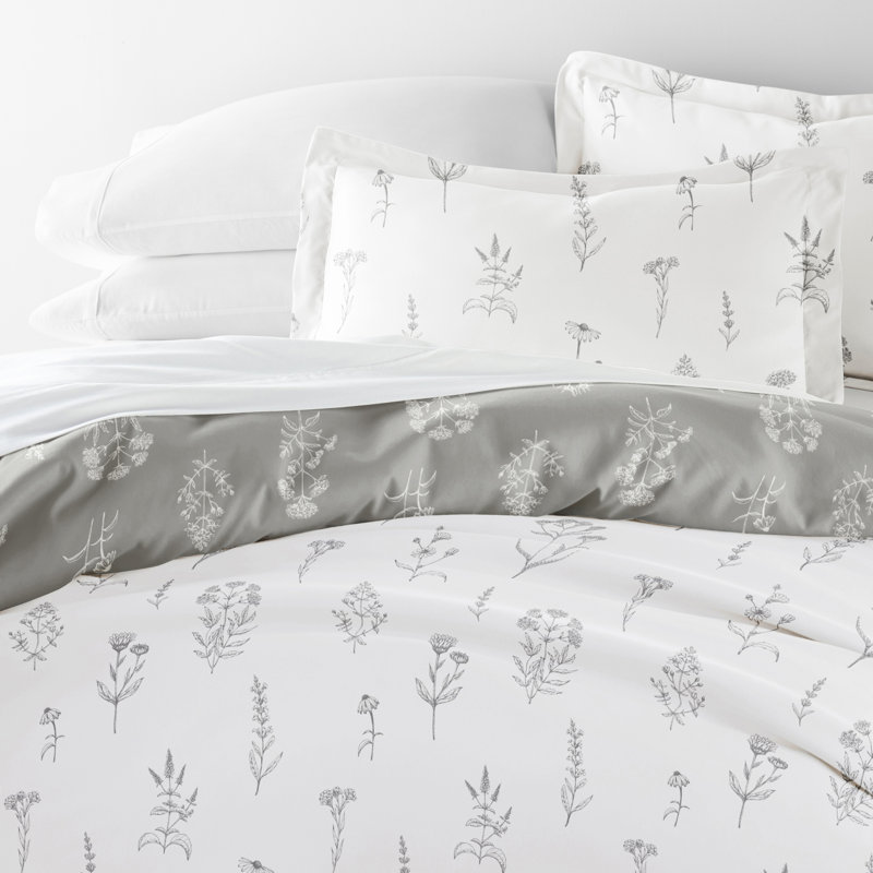 Light Gray Floral Microfiber Full/Queen Duvet Cover Set