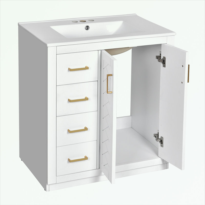 Meuble-lavabo de salle de bain avec lavabo en céramique, 3 tiroirs et portes à fermeture douce, Blanc