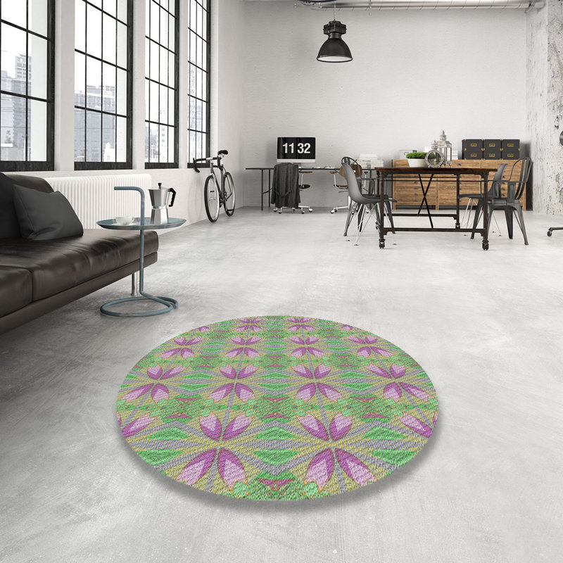 Tapis mauve/vert à motifs, Rond 3 pi