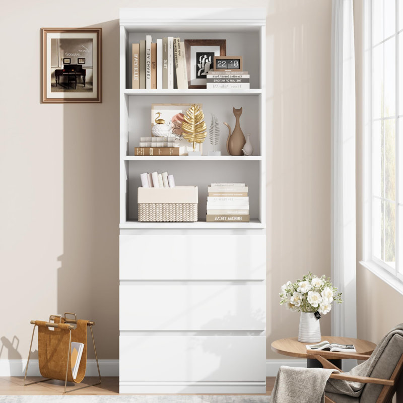 Bibliothèque de 70 po de hauteur avec 3 tiroirs, bibliothèque moderne en bois avec 3 tablettes ouvertes, armoire de rangement pour bureau personnel