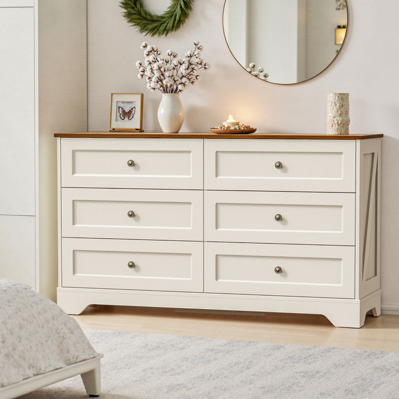 Large 6 Drawers Dresser for Bedroom, 52" White Wood Chest of Drawers with Metal Vintage Handle, Farmhouse Storage Dressers Organizer TV Stand for Living Room, Hallway
