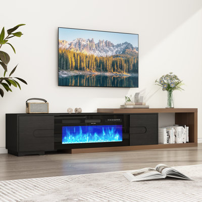 Meuble télé extensible de 80 à 110 pouces avec foyer de 36 pouces, centre de divertissement réversible en bois moderne avec 2 tiroirs pour téléviseur jusqu'à 120 pouces pour salon, chambre à coucher