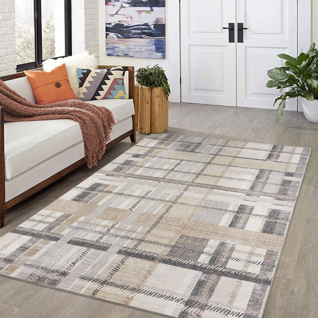 NELE Machine Washable Modern Lattice Area Rug Ivory/Beige/Gray Multi DECOMALL Rug 
