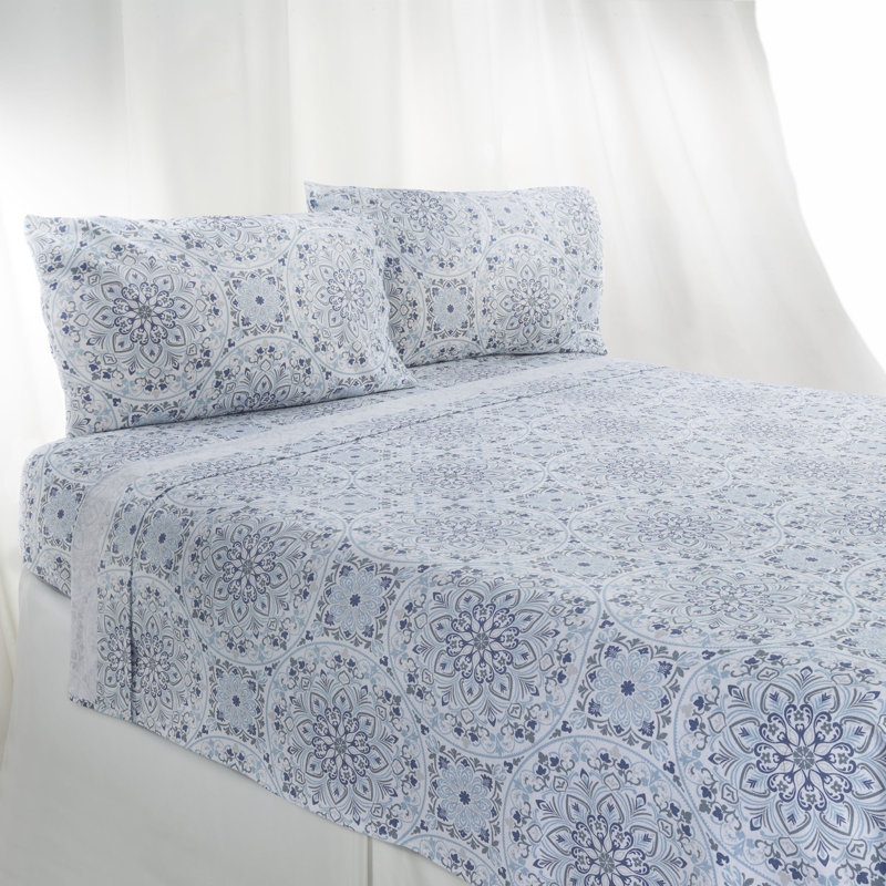 Blue Floral Cotton Flannel Full Sheet Set