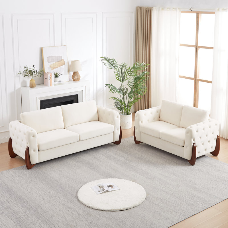 Ensemble canapé et causeuse 2 pièces en velours beige capitonné avec pieds en bois d'hévéa brun, Beige
