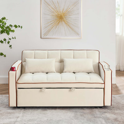 Velvet Pull-out Sleeper Sofa Bed, Adjustable Back and with USB Pport, swivel phone stand