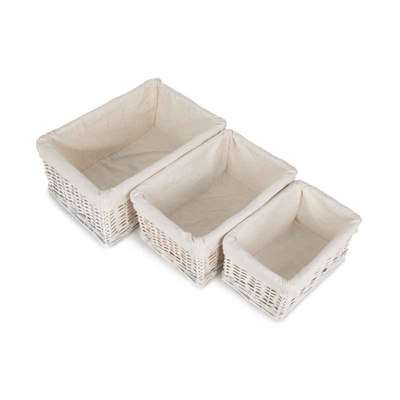 Wicker Lined Storage Basket Set 3, White Wash