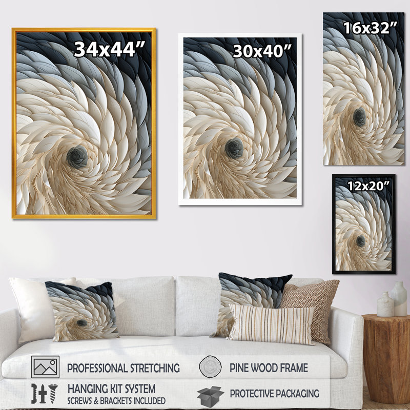 Plume blanche et bleue en spirale I - art mural géométrique, Toile tendue, H 32 po x l 24 po x P 1 po