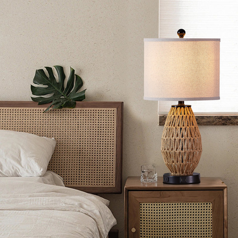 Adone 22.5" Natural Rattan Bedside Table Lamp with Dual USB Ports and Touch Control
