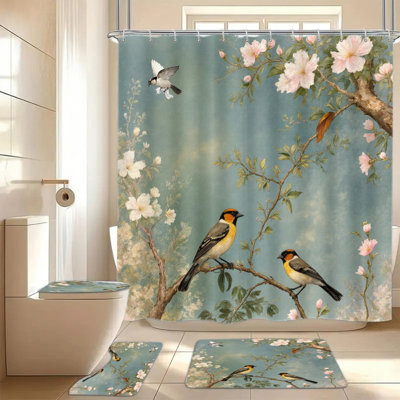 Rideau de douche à motif floral rétro 4 pièces, décoration de salle de bain antique avec 12 crochets inclus, tapis de bain antidérapant, tapis de toilette en forme de U, couvercle de couvercle de toilette, accessoires de salle de bain toutes saisons