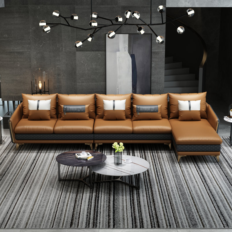 Icaro Sectional, Camel/Dark Gray Genuine Leather, Right Hand Facing