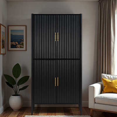 Modern Fluted Wine Cabinet With Glass Display, Stemware Rack, Drawer, Adjustable Shelves And Built-in Led Lighting