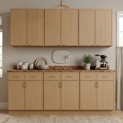 90" Modular Modern White Oak Cabinet Set with Three 30" Base Cabinets with Drawers & Three 30" Wall Cabinets, Soft-Close Hardware & Narrow-Frame Design