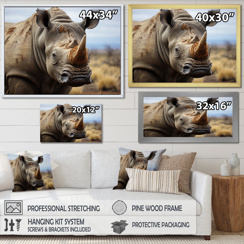 Rhinocéros, portrait monochrome, Cadre flottant noir, H 30 po x l 40 po x P 1,5 po