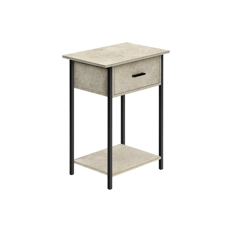 Table d'appoint contemporaine à 2 niveaux avec tiroir de rangement, stratifié en pierre crème et métal noir, petite table de bout pour le salon | Idée de cadeau