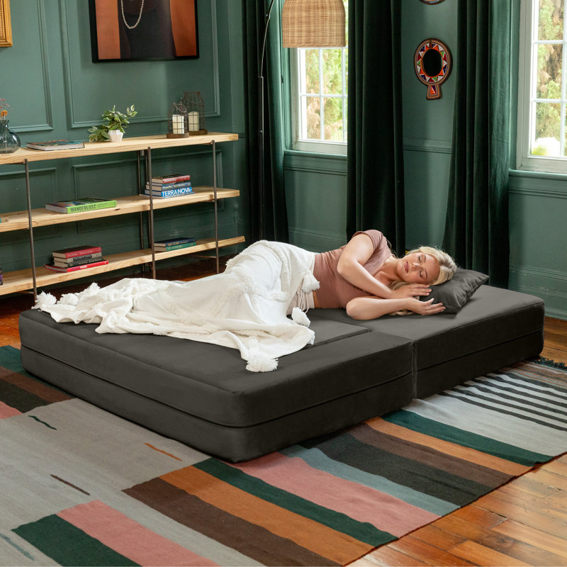 Shontae Zipline Convertible Compression Sleeper Loveseat, Ottomans & Pillows, Textured Microvelvet, Charcoal
