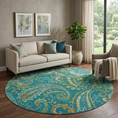 8' Teal Green And Gold Paisley Distressed Washable Round Rug With UV Protection
