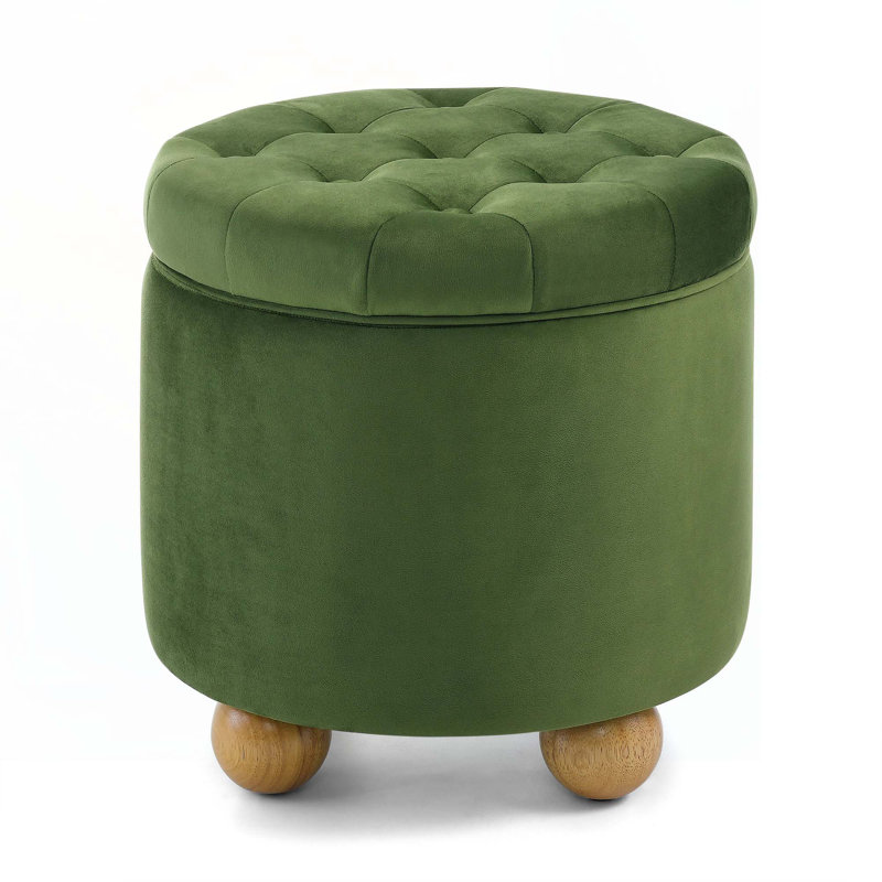 Upholstered Round Storage Ottoman, Green