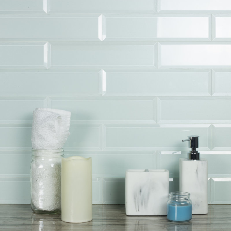 Carrelage mural de cuisine et de salle de bain en verre biseauté de qualité diamantée givré 3 po x 12 po Frosted Elegance