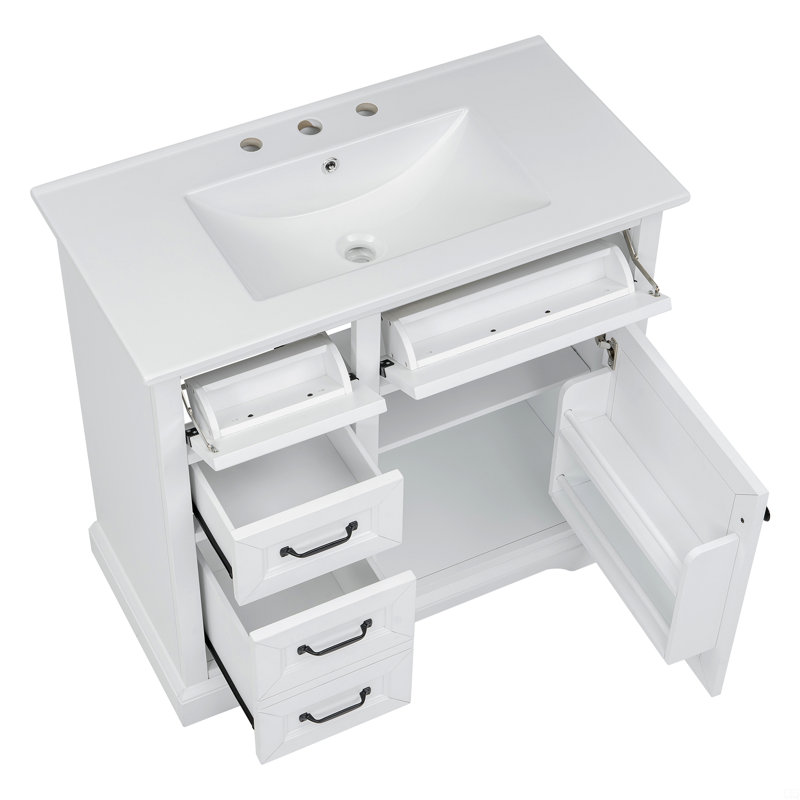Meuble-lavabo autoportant de 36 po avec comptoir en céramique, 4 tiroirs et 1 porte à fermeture en douceur, Blanc/Noir