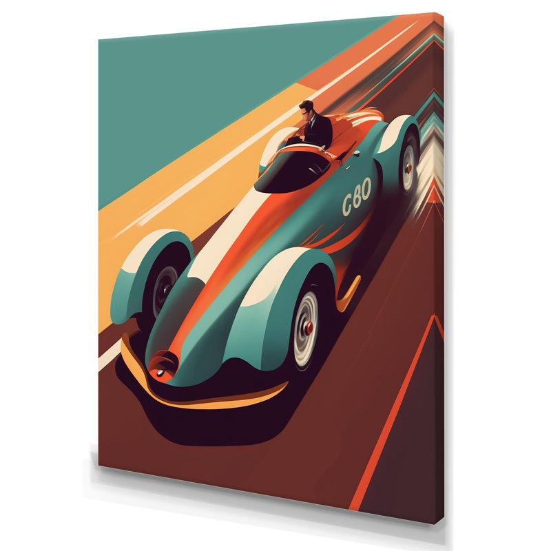 Voiture de course rétro bleue - reproduction sur toile, H 40 po x l 30 po x P 1,5 po, Toile tendue