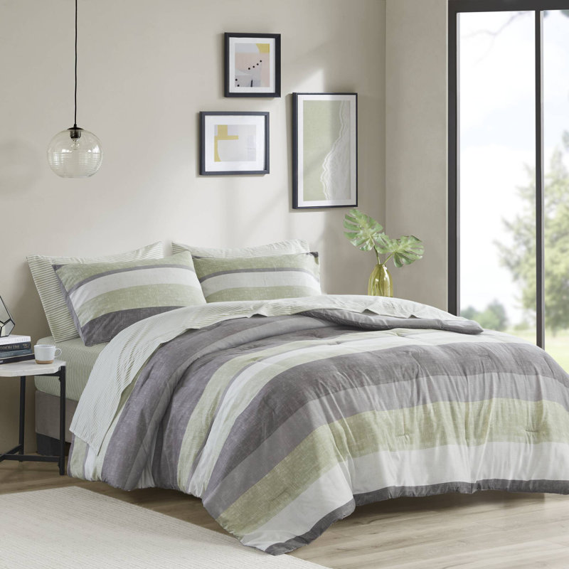 Jaxon Comforter Set with Bed Sheets, King Comforter + 6 Additional Pieces, Green/Gray