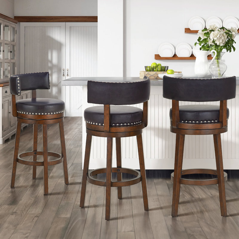 Tabouret de bar pivotant rembourré de 76 cm (30 po), tabouret d'îlot de cuisine pivotant à 360° avec siège et dossier rembourrés, structure en bois massif, repose-pieds et garniture cloutée.