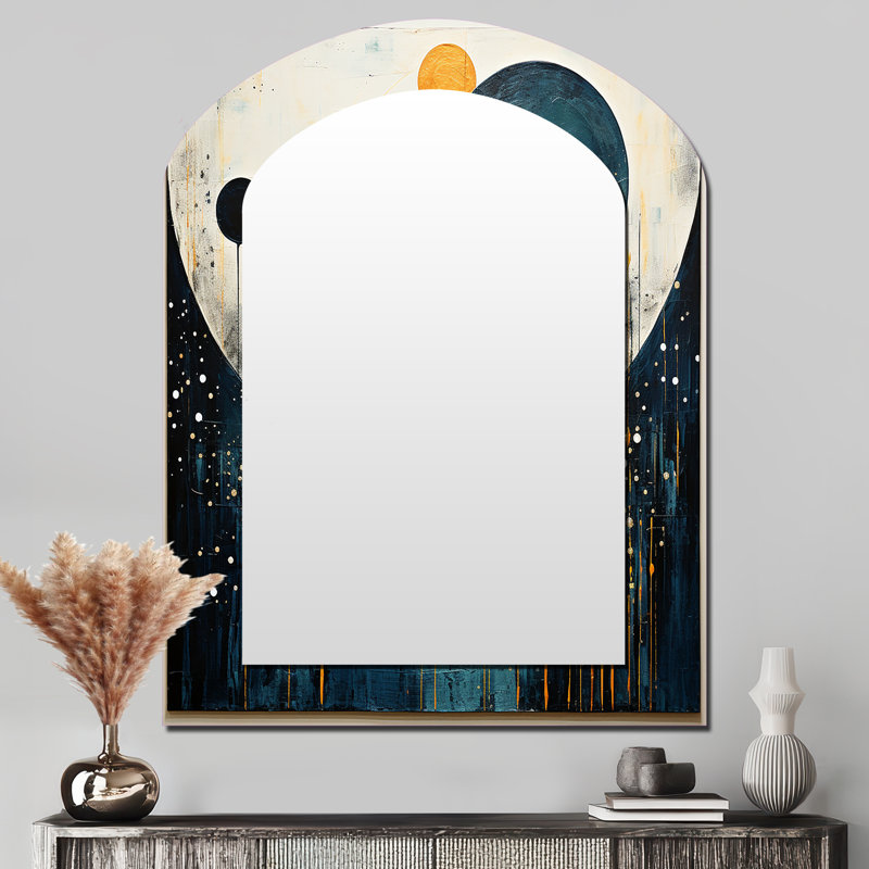 Teal Yellow Mid Century Minimalist Rain II - Teal Arch Wall Mirror Decor, 43" x 33"