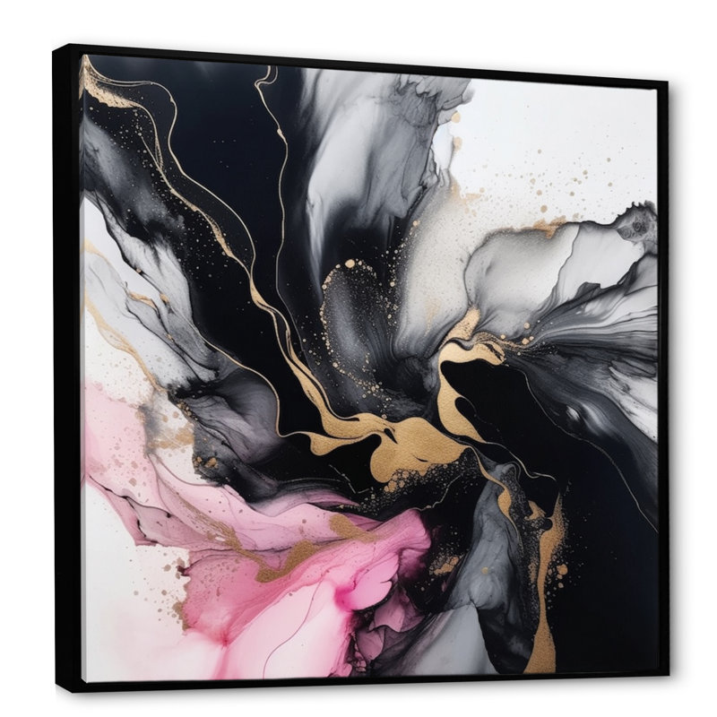 Marbre noir et or Splash IV - art mural abstrait en marbre, salon, H 30 po x l 30 po x P 1 po, Cadre flottant noir