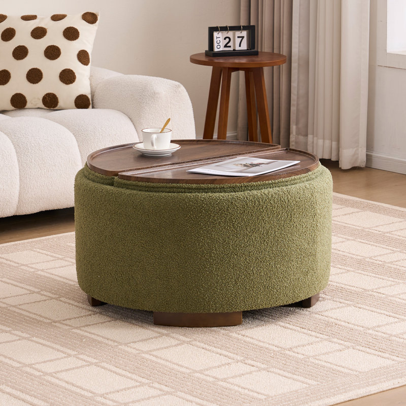Modern Round Storage Ottoman with Half-half Split Wooden Tray, Sage, Boucle