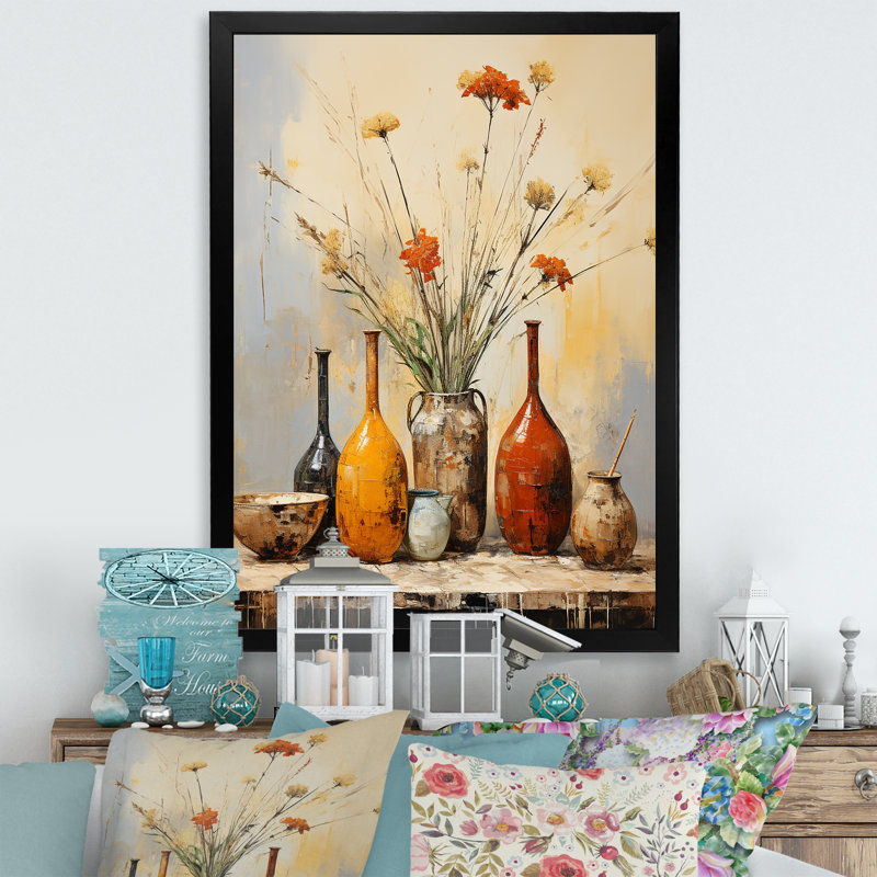 Élément décoratif de poterie florale jaune naturel I - Boho Pottery, Cadre simple noir, H 20 po x l 12 po x P 1 po