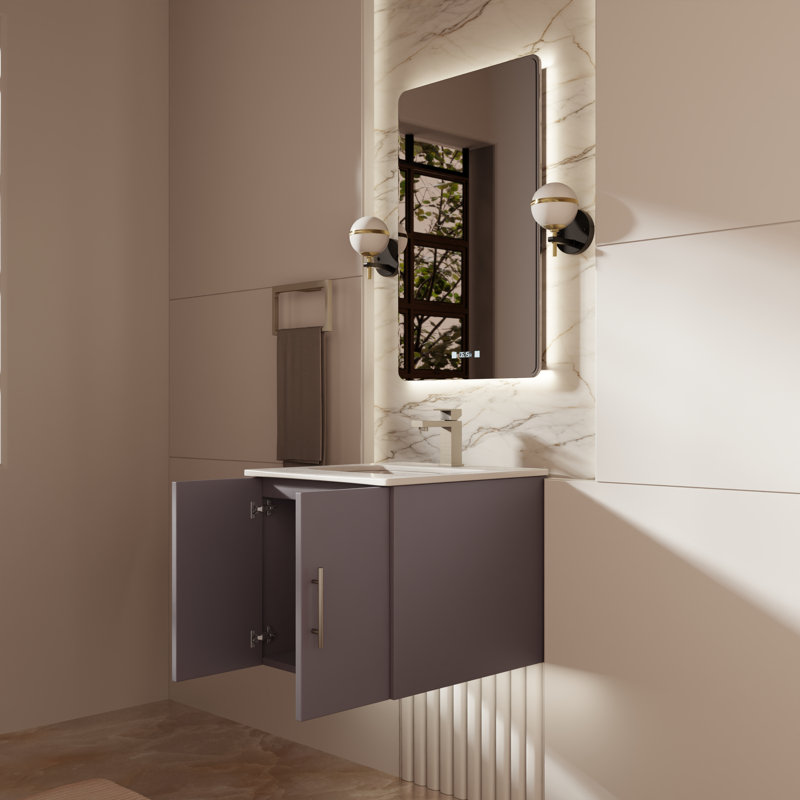 Ensemble de meuble-lavabo simple 24 po avec plateau et miroir Geneva, Gris foncé, Quartz blanc