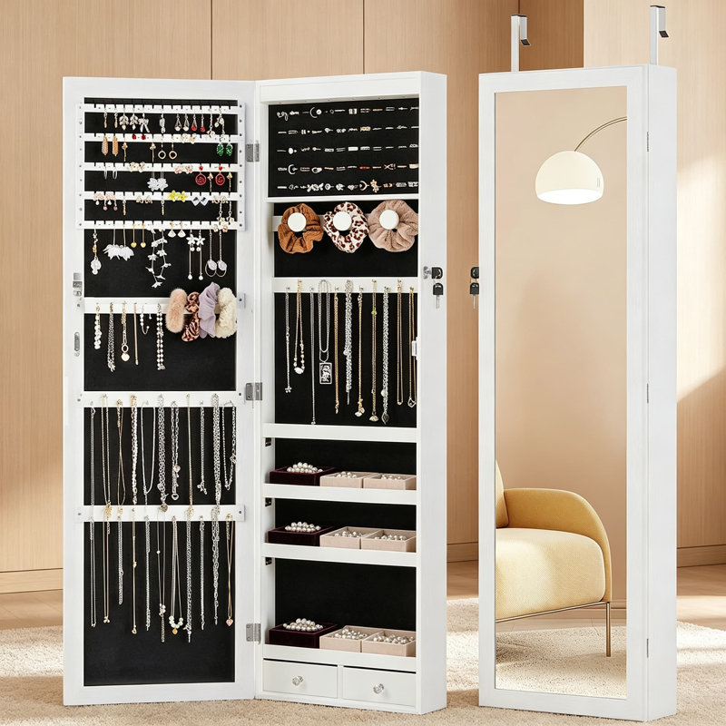 6 LED Jewelry Cabinet Organizer, 47.2 Inch Full Length Mirror Armoire, Wall or Door Mounted, Lockable Large Capacity Storage, White