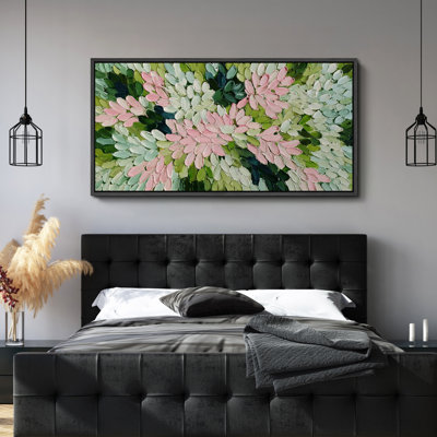 Composition moderne de pétales roses et verts abstraits - impression sur toile encadrée de la chambre principale