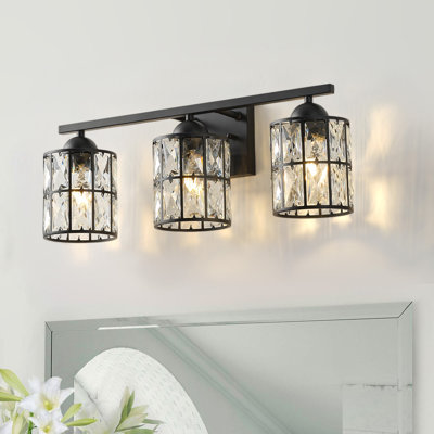 3-Light Black Metal and Crystal Vanity Light with E26 Base, Dimmable, UL Certified Bathroom Wall Fixture