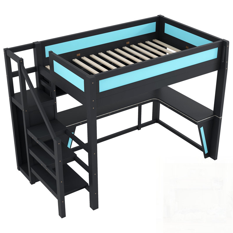 Lit mezzanine avec bureau et garde-robe, structure de lit mezzanine avec DEL pour jeux vidéo, port USB intégré, Noir / Bleu